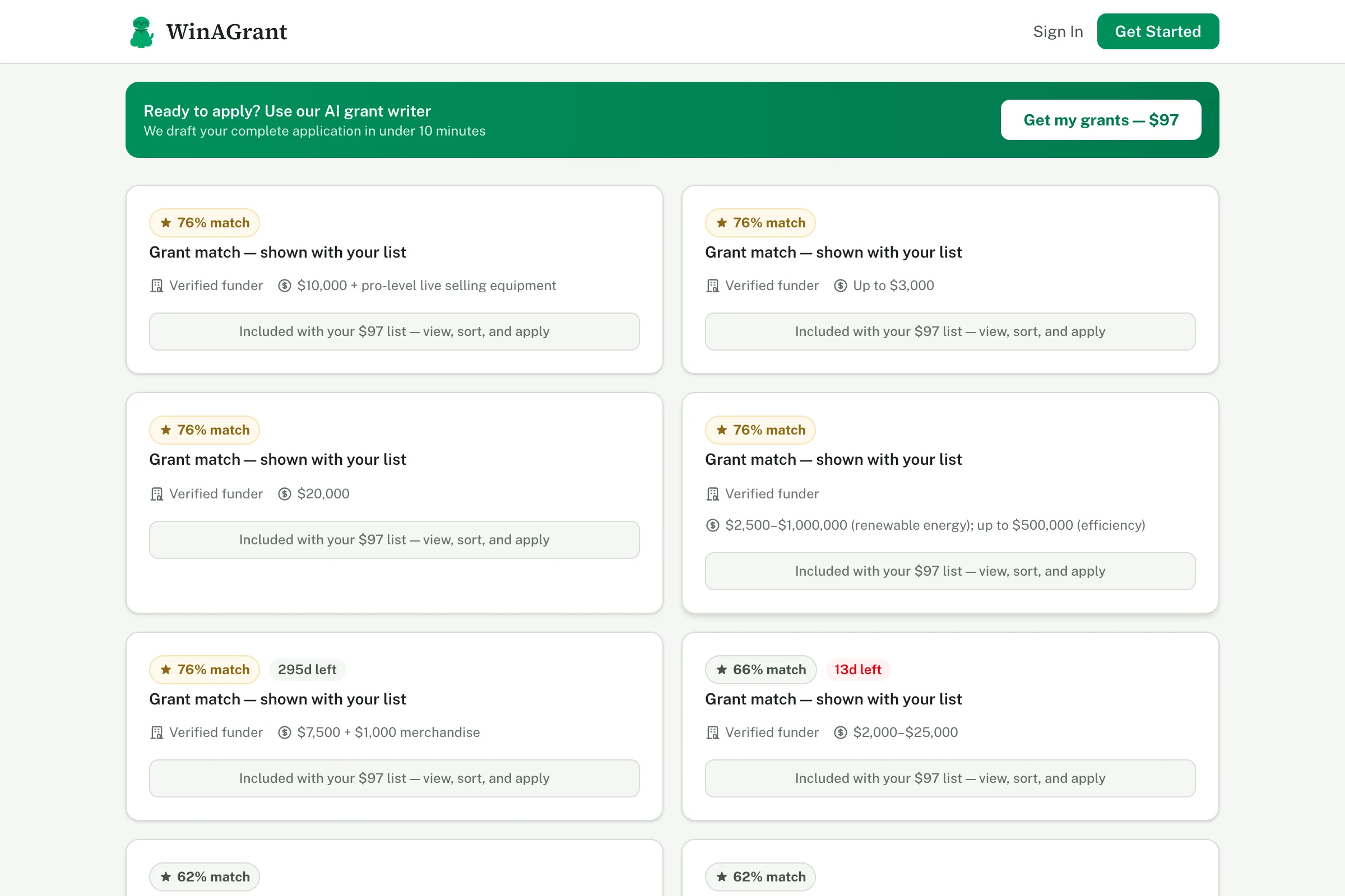 The WinAGrant match list: grant cards with match scores, award amounts, and deadlines