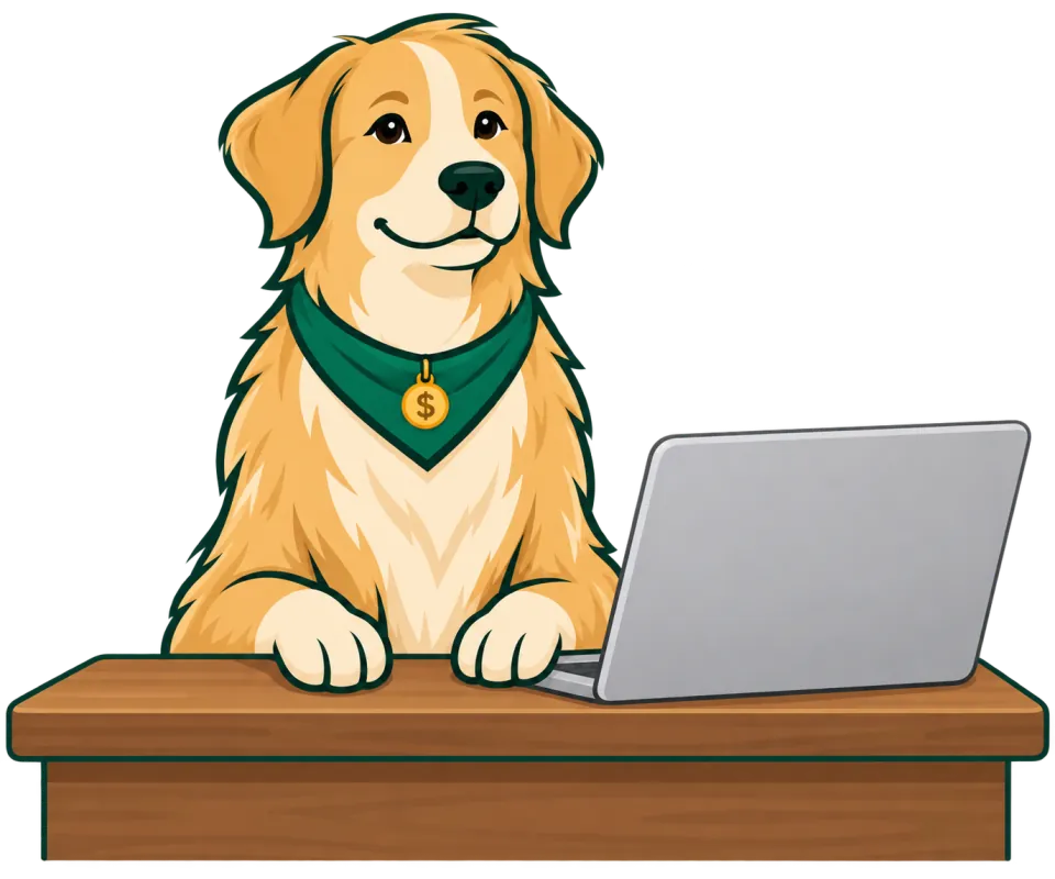 Scout, the WinAGrant grant-finding dog, at his desk with a laptop